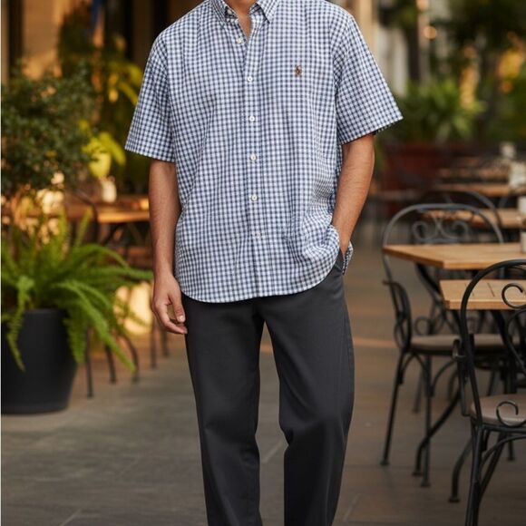 Ralph Lauren Blue, Black and White Checkered Button Down Shirt - Picture 1 of 3